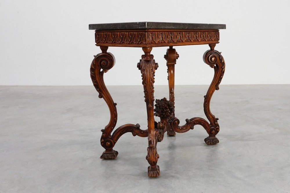 Napoleon III Style Carved Walnut Side Table With Bluestone Top, France, 1900s photo vintage