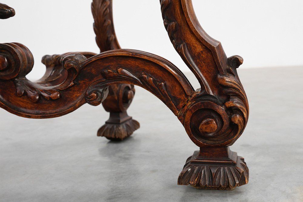 photo furniture Napoleon III Style Carved Walnut Side Table With Bluestone Top, France, 1900s