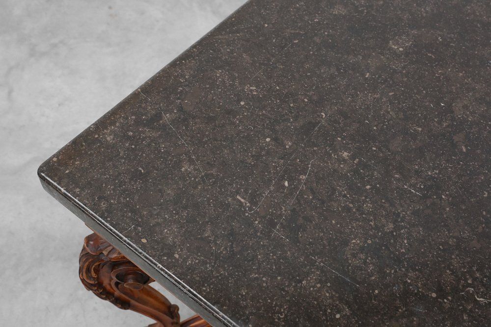 photo buy Napoleon III Style Carved Walnut Side Table With Bluestone Top, France, 1900s