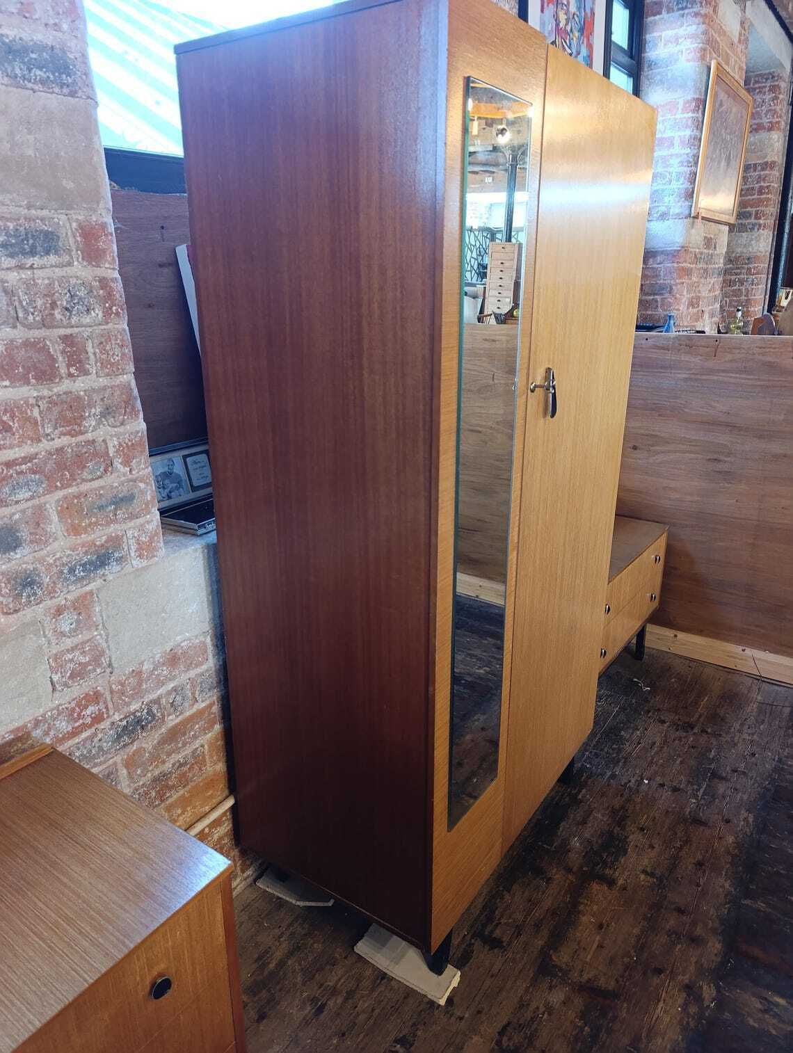 photo furniture Austinsuite Mid Century Teak Wardrobe With Full Length Mirror 1960s British Modern