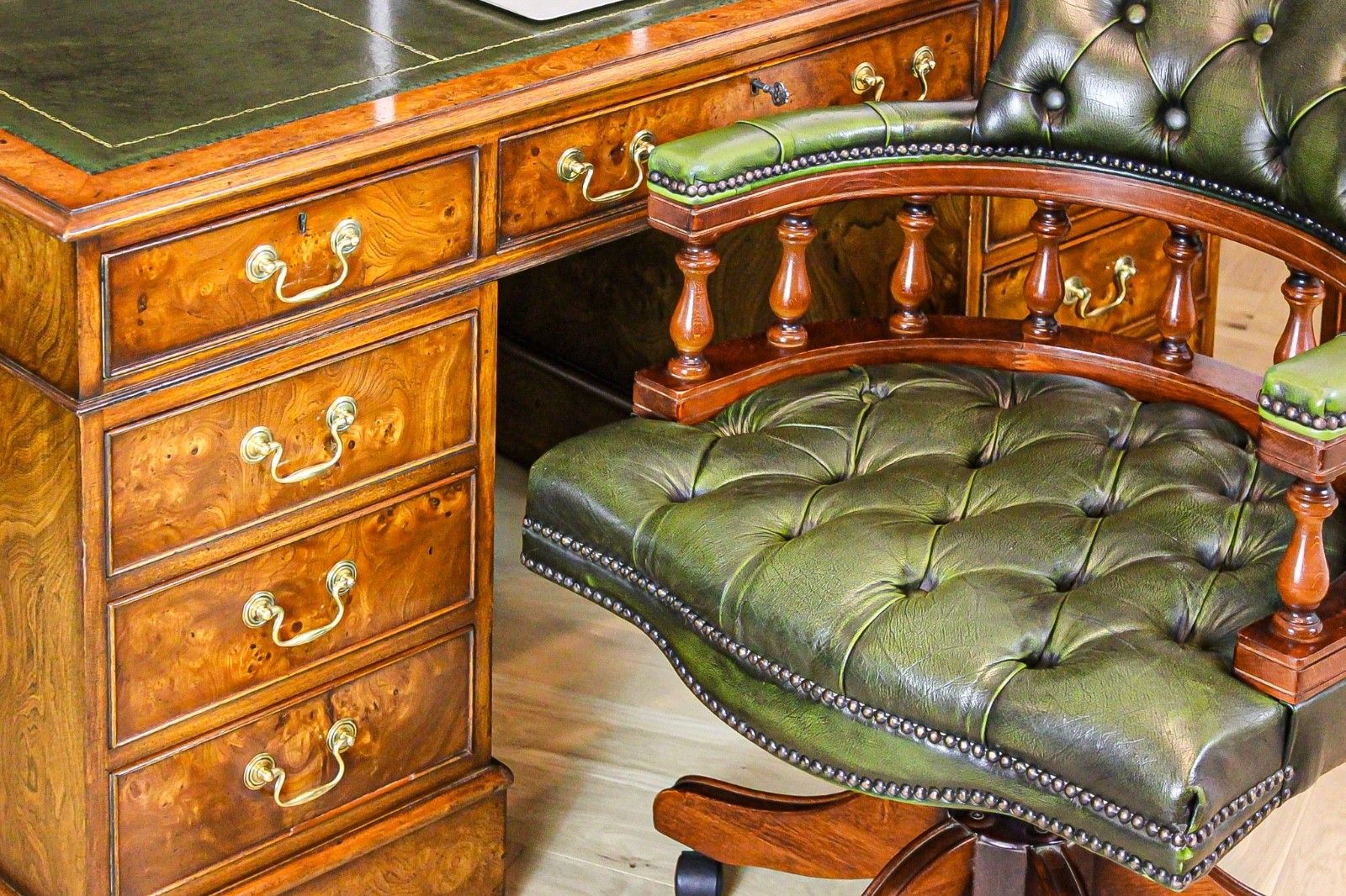 Antique Burr Walnut Pedestal Partners Leather Top Desk, Captains Chair & Cabinet photo Furniture