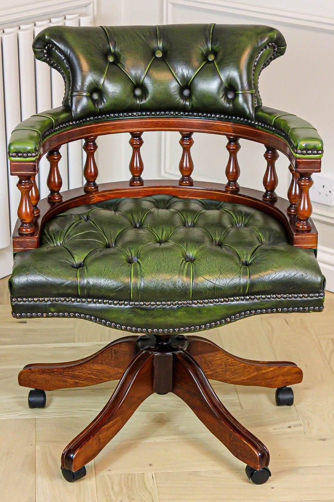 Antique Burr Walnut Pedestal Partners Leather Top Desk, Captains Chair & Cabinet photo vinterior