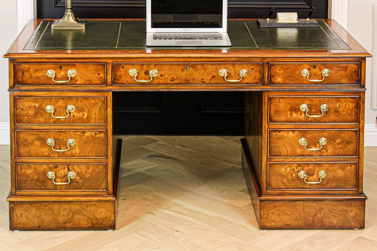 photo furniture Antique Burr Walnut Pedestal Partners Leather Top Desk, Captains Chair & Cabinet
