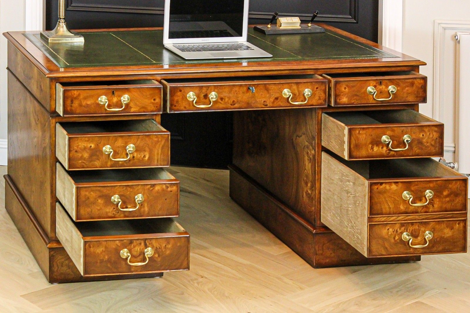 Furniture Antique Burr Walnut Pedestal Partners Leather Top Desk, Captains Chair & Cabinet photo