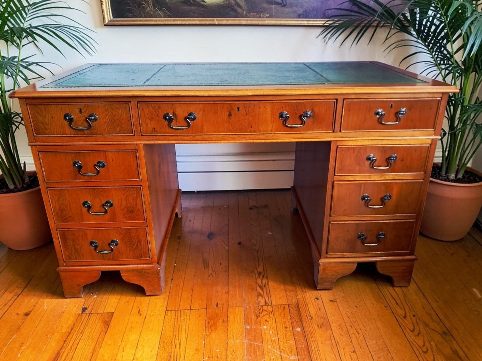 Antique Vintage Twin Pedestal Desk Wooden Yew Wood Leather Top 1980 Large photo vintage