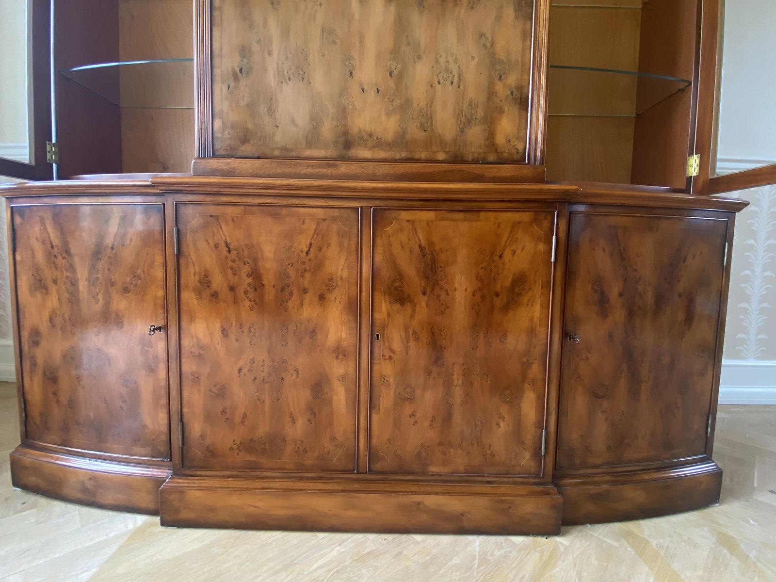 Exceptional Grand Vintage English Yew Wood Breakfront Display Cabinet By G.T. Rackstraw, 1980s photo for sale