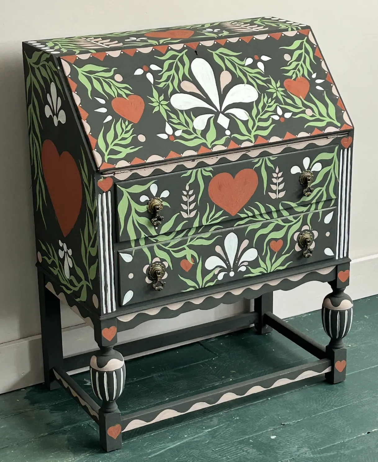 Hand Painted Folk Art Writing Bureau Desk photo 550.0