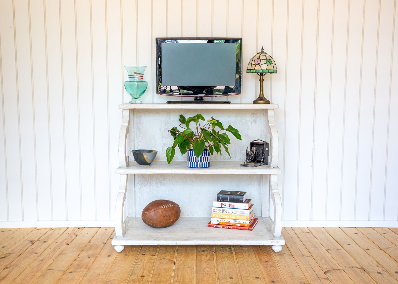 French Waterfall Shelving Unit Bookcase Display Media Stand 20c Regency Console White Distressed Painted Floor Standing photo vinterior