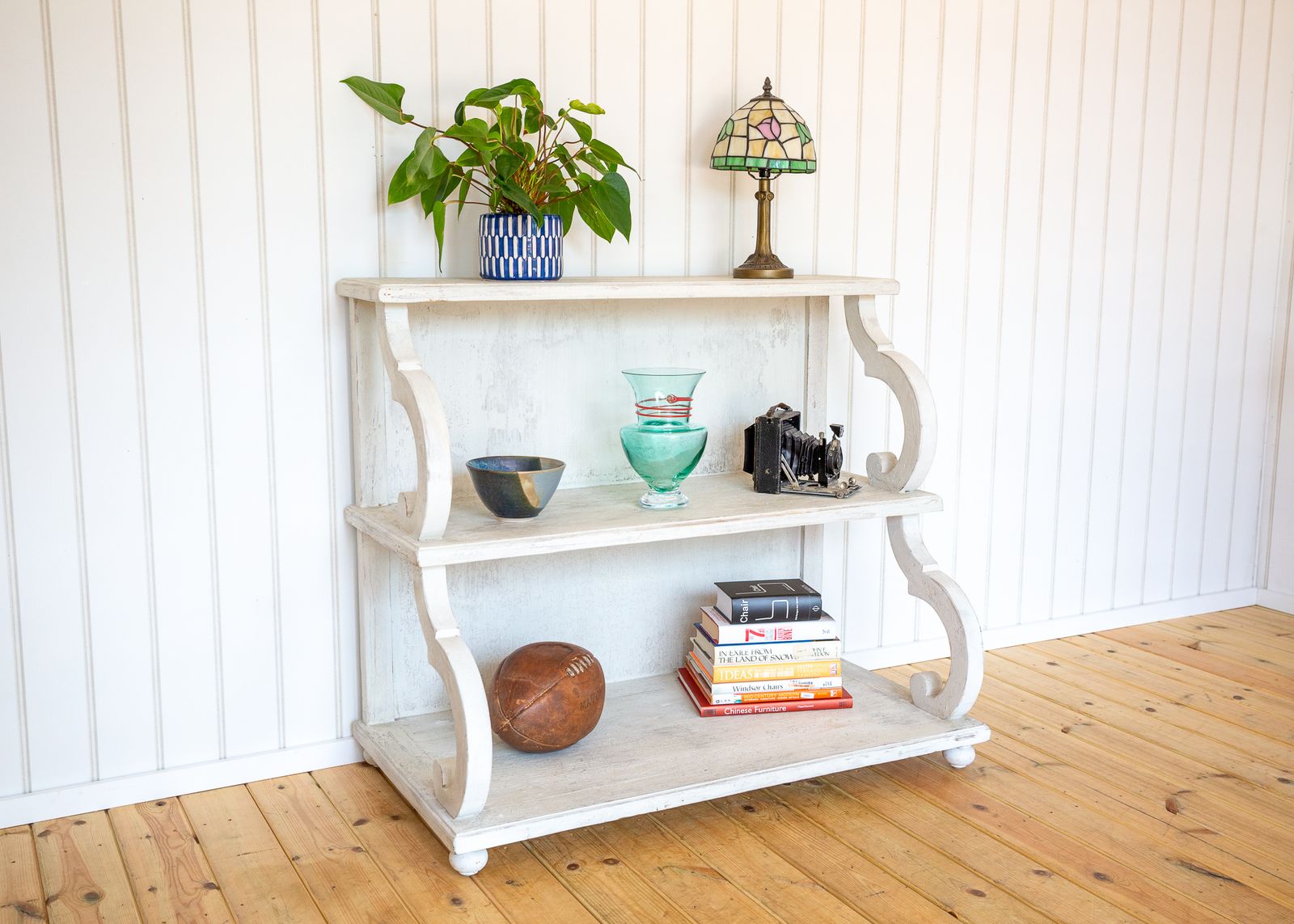 French Waterfall Shelving Unit Bookcase Display Media Stand 20c Regency Console White Distressed Painted Floor Standing photo furniture