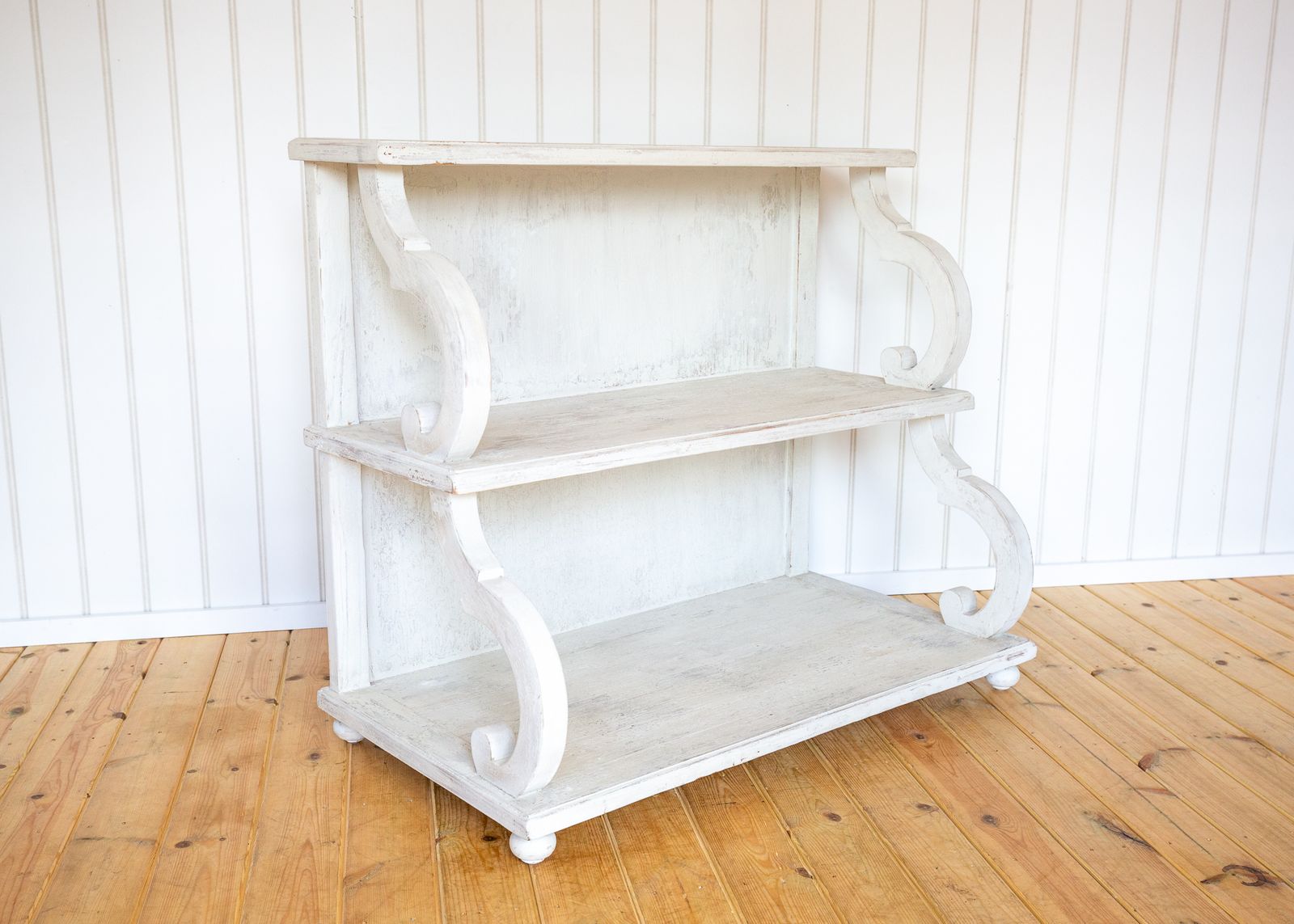 French Waterfall Shelving Unit Bookcase Display Media Stand 20c Regency Console White Distressed Painted Floor Standing photo buy