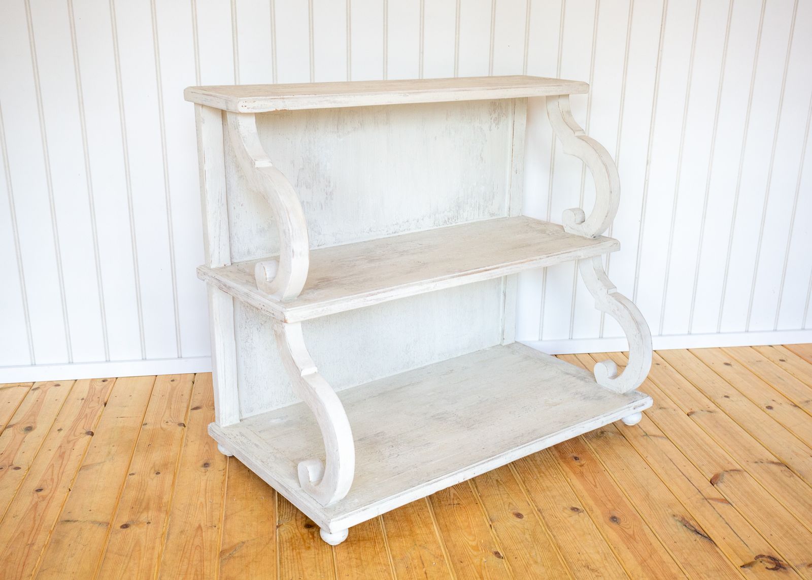 photo buy French Waterfall Shelving Unit Bookcase Display Media Stand 20c Regency Console White Distressed Painted Floor Standing