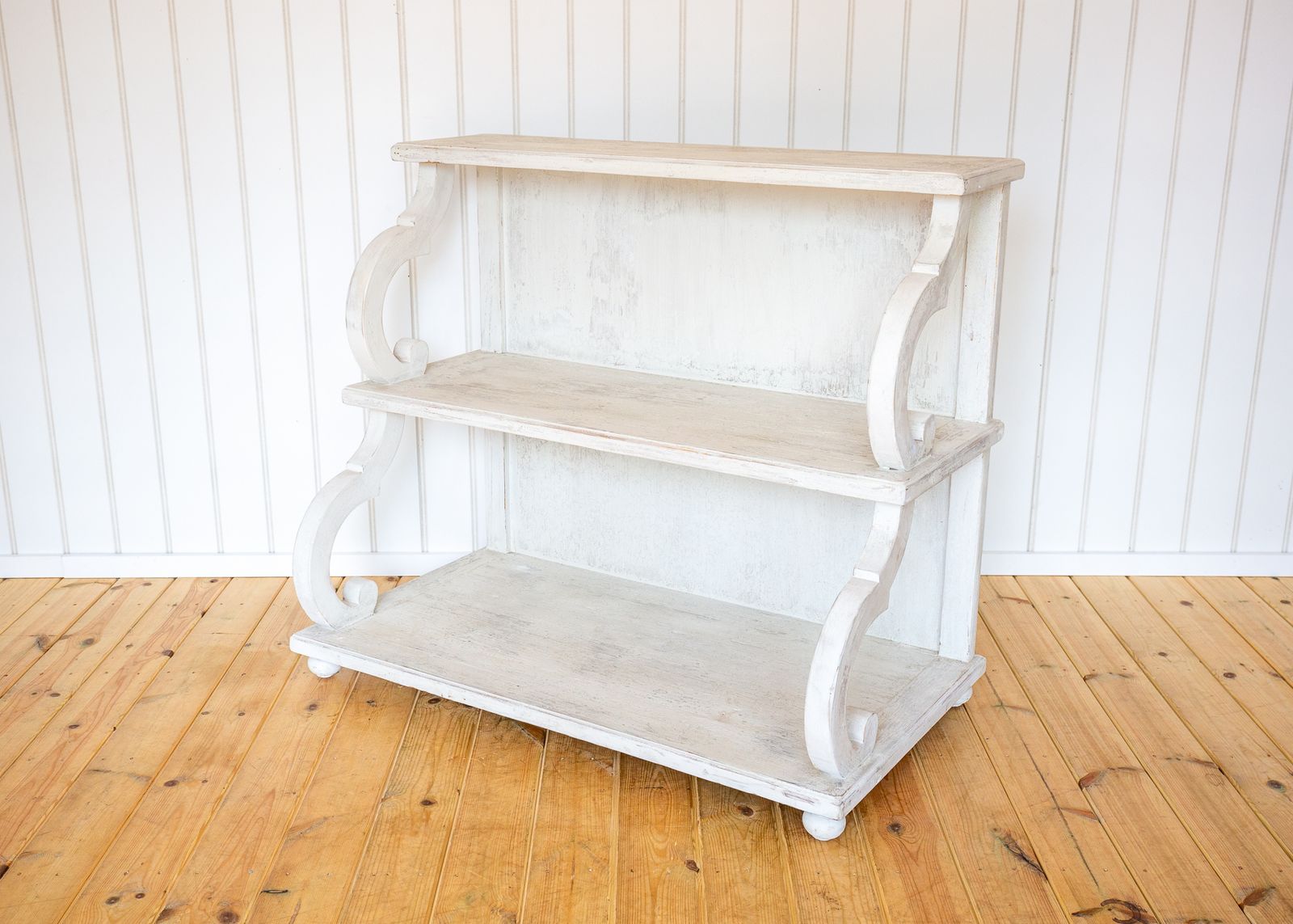 French Waterfall Shelving Unit Bookcase Display Media Stand 20c Regency Console White Distressed Painted Floor Standing photo 2550.0