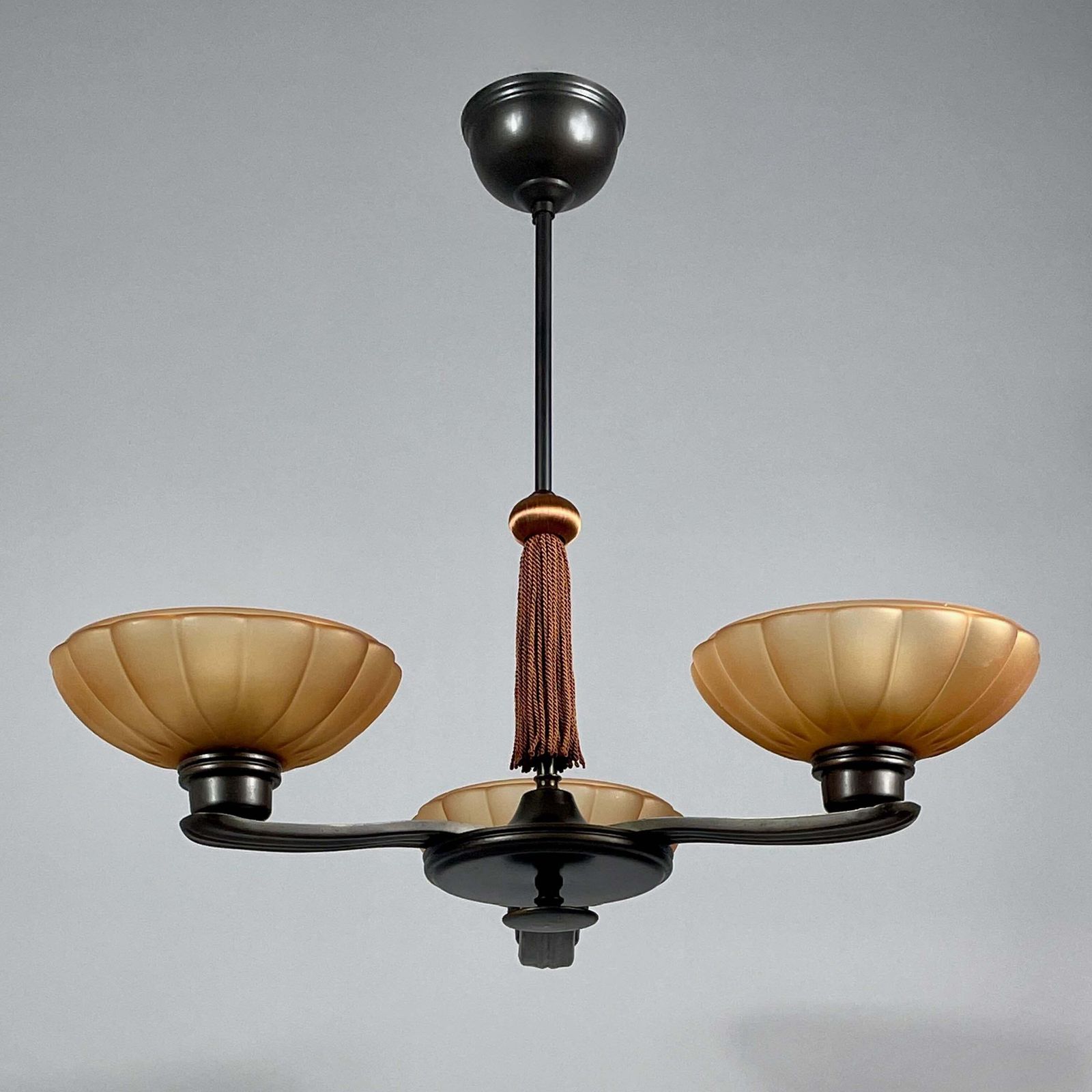 Art Deco Bronze & Havanna Glass Chandelier, Böhlmarks, Sweden 1930s photo furniture