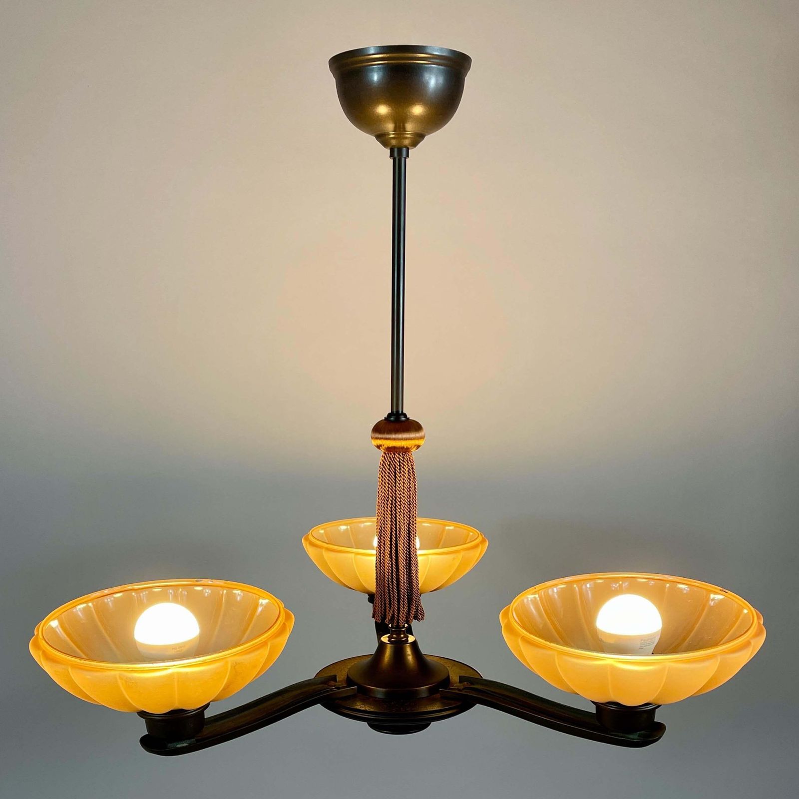 Art Deco Bronze & Havanna Glass Chandelier, Böhlmarks, Sweden 1930s photo buy