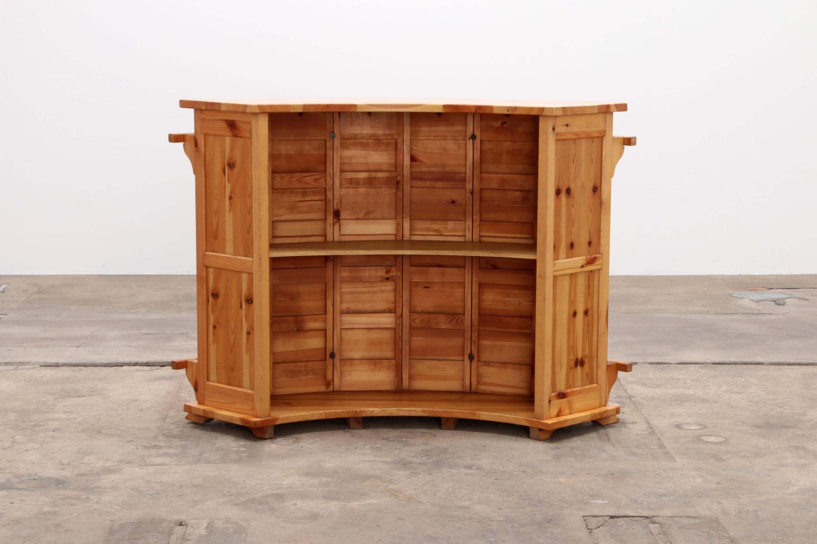 photo furniture Brutalist Mid Century Wooden Bar Set With 3 Stools, Netherlands, 1970s