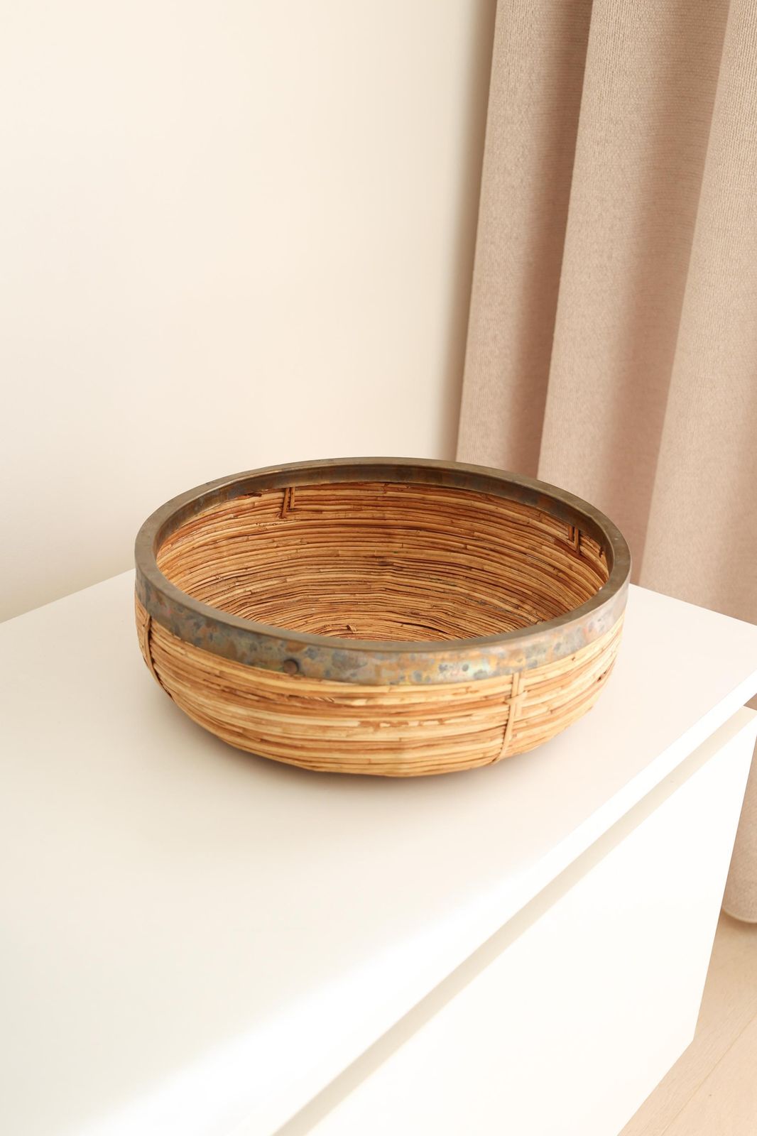 Vintage Italian Brass & Rattan Bowl photo for sale