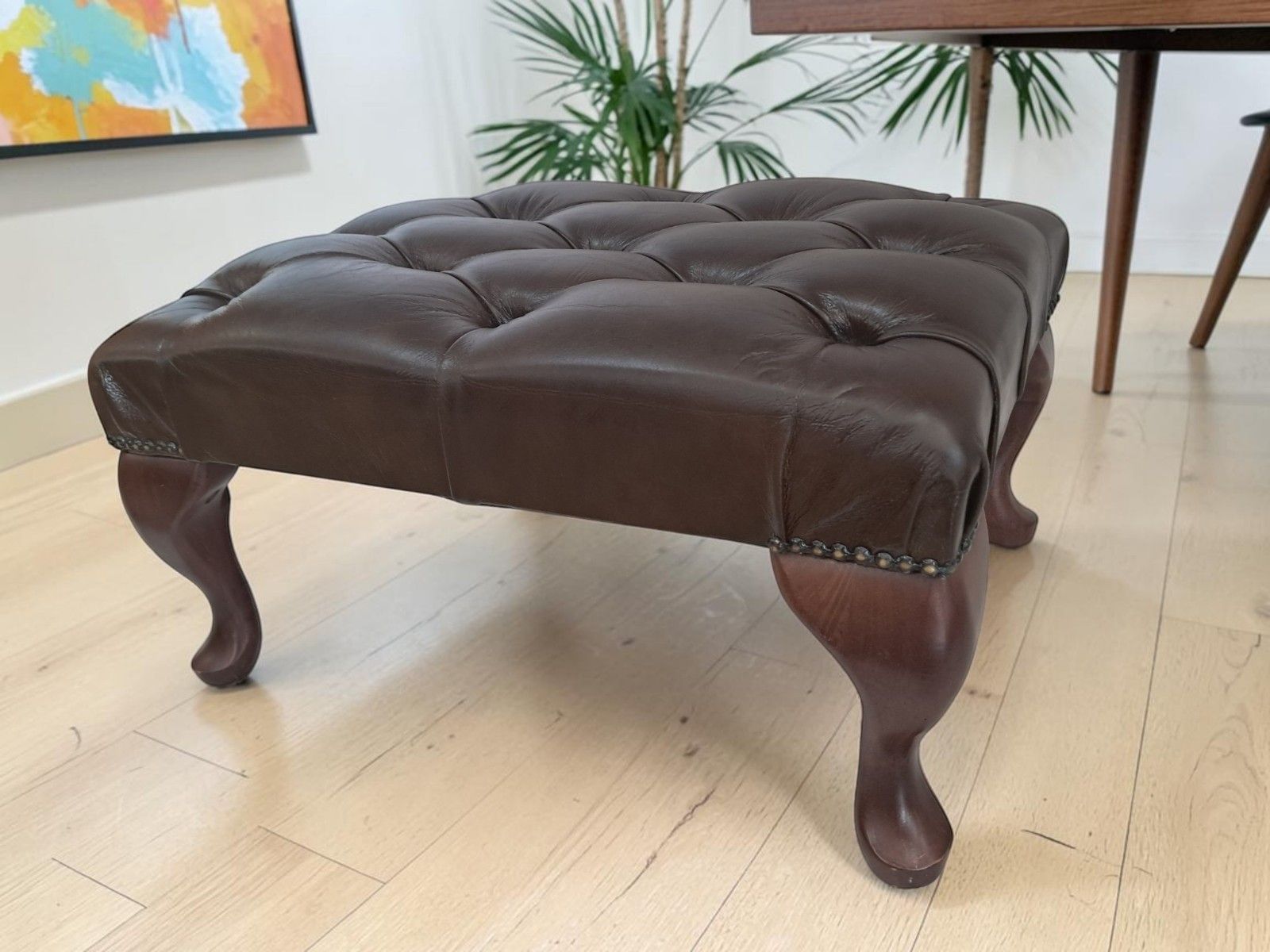 Vintage Chesterfield Brown Footstool Buttoned Leather Foot Stool 1980