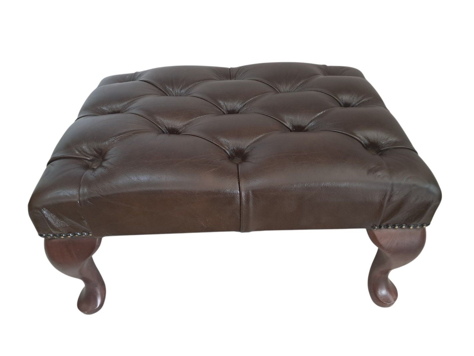 Vintage Chesterfield Brown Footstool Buttoned Leather Foot Stool 1980 photo vinterior