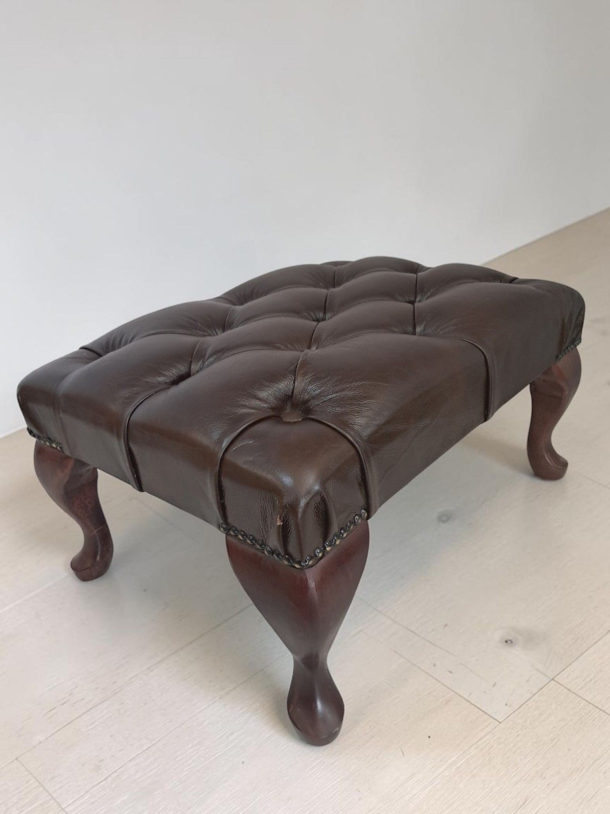 photo for sale Vintage Chesterfield Brown Footstool Buttoned Leather Foot Stool 1980