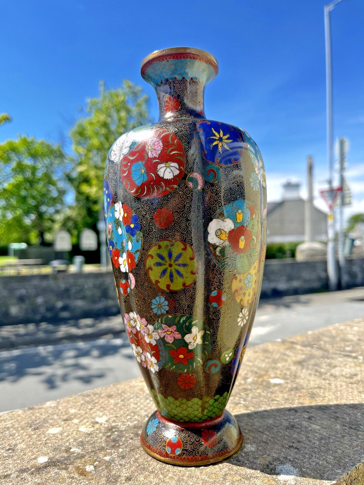 Antique Japanese Meiji Period Cloisonne Enamel Floral 8 Lobed Vase T. Komajiro photo furniture