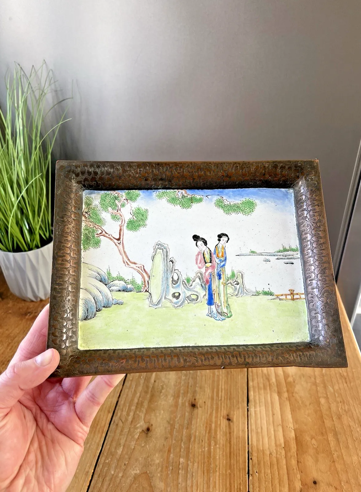 Antique Chinese Enamelled Copper Trinket Tray Hand Painted Figural Garden Scene photo for sale