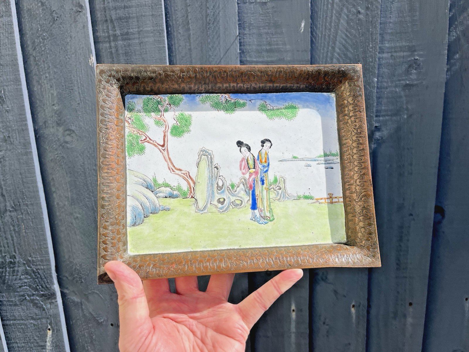 Antique Chinese Enamelled Copper Trinket Tray Hand Painted Figural Garden Scene photo 120.0