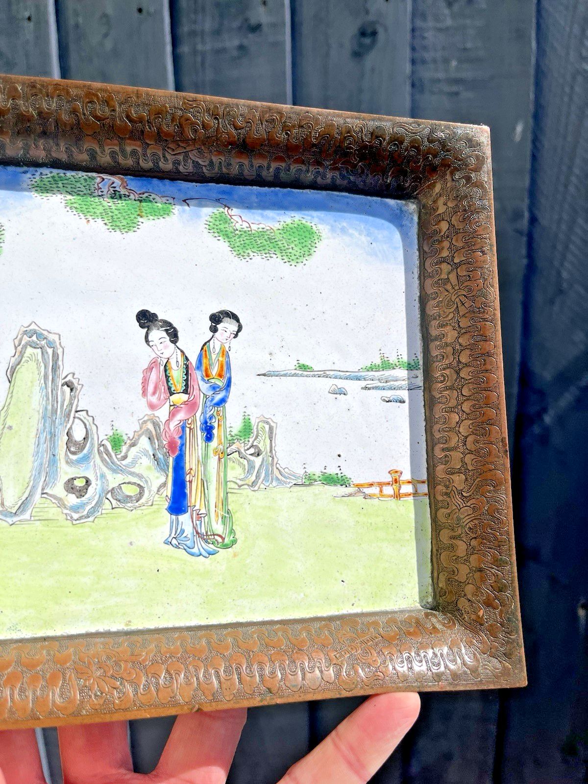 photo buy Antique Chinese Enamelled Copper Trinket Tray Hand Painted Figural Garden Scene