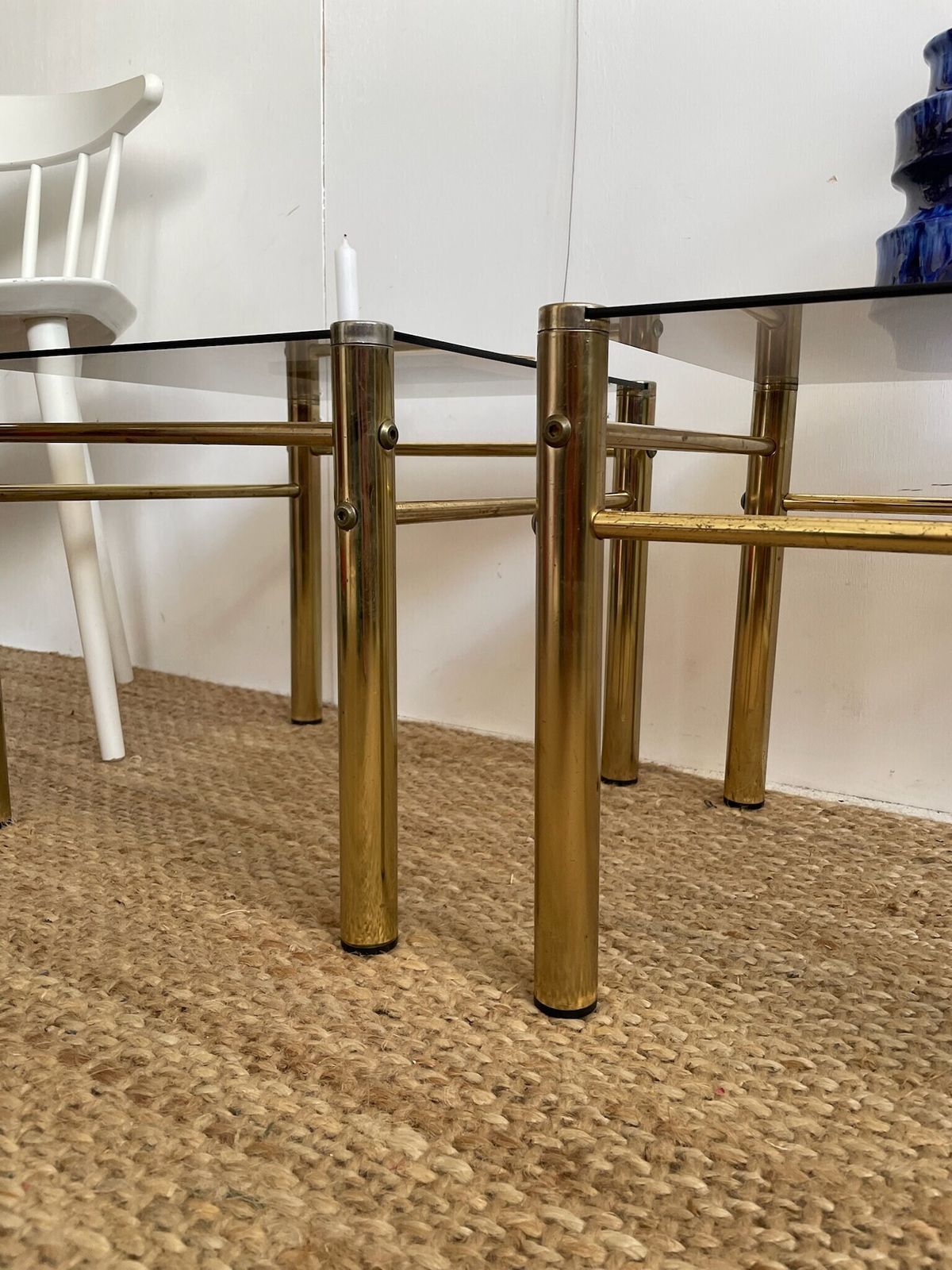Pair Of Gold Brass Coloured Hollywood Regency Style 1980s Side Or Lamp Tables With Smoked Glass Top photo vintage