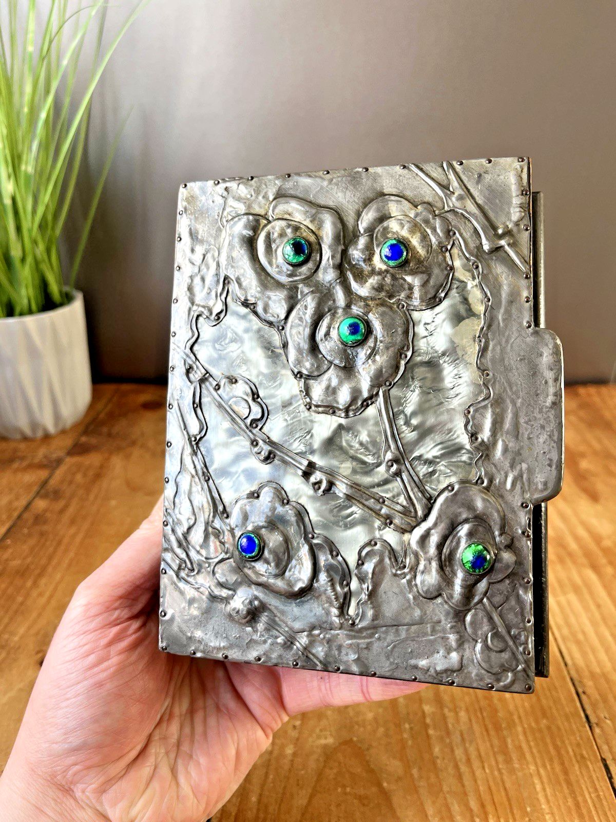 Antique Arts & Crafts Floral Pewter Cabochon Jewelled Trinket Box Art Nouveau photo buy