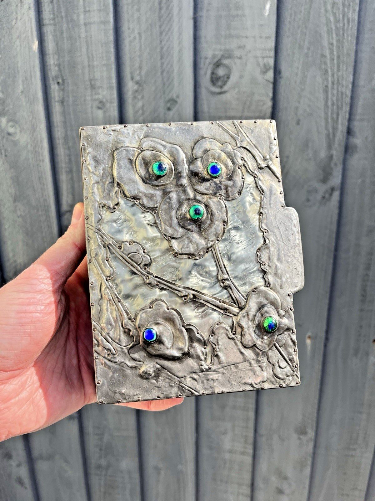 195.0 Antique Arts & Crafts Floral Pewter Cabochon Jewelled Trinket Box Art Nouveau photo