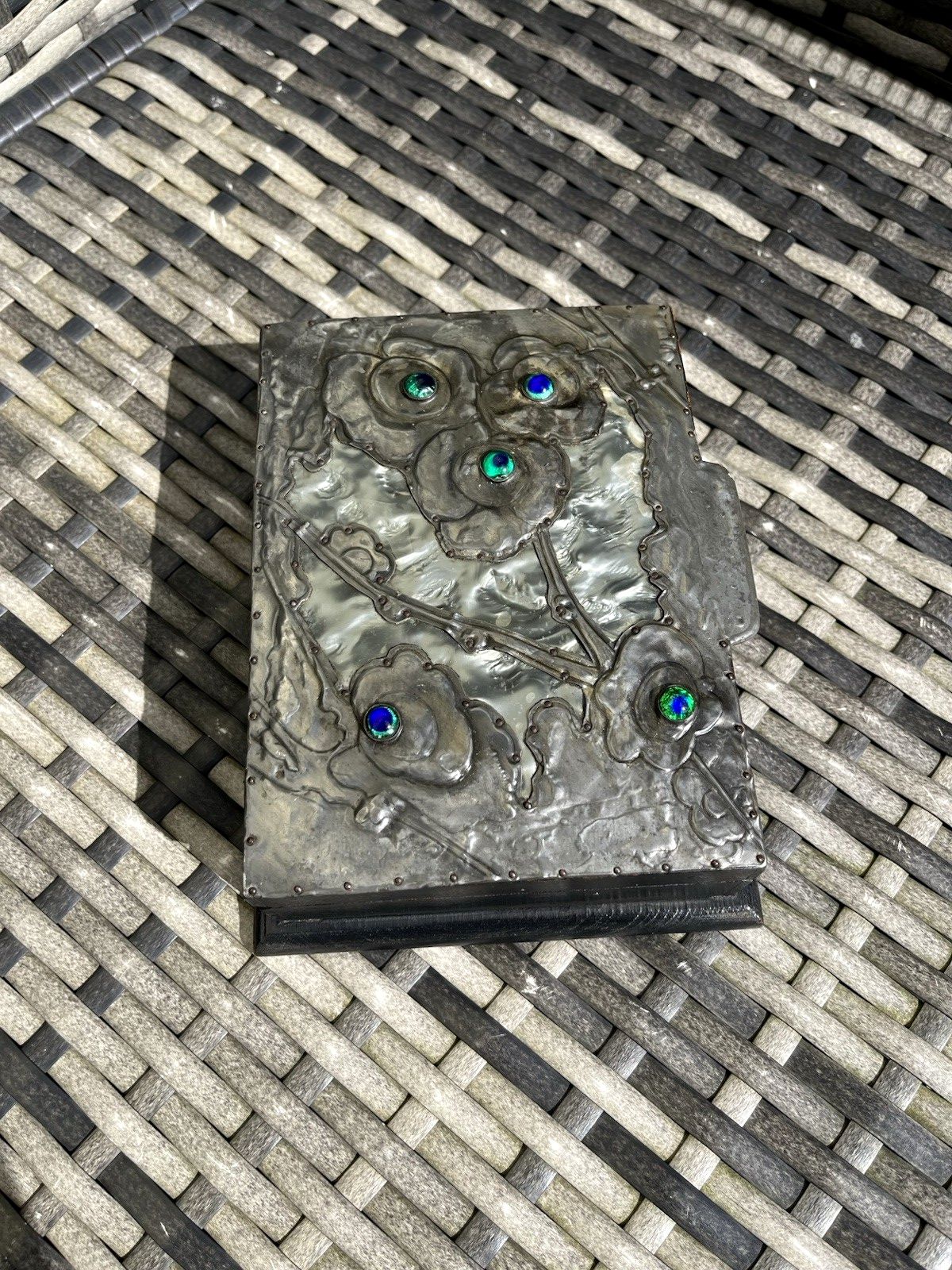 photo buy Antique Arts & Crafts Floral Pewter Cabochon Jewelled Trinket Box Art Nouveau