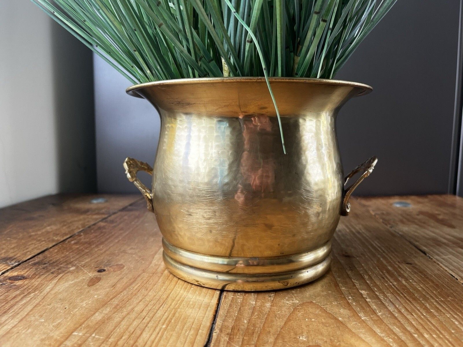 Vintage 50s Planished Brass Twin Handled Planter Plant Pot French Style Cachepot photo furniture