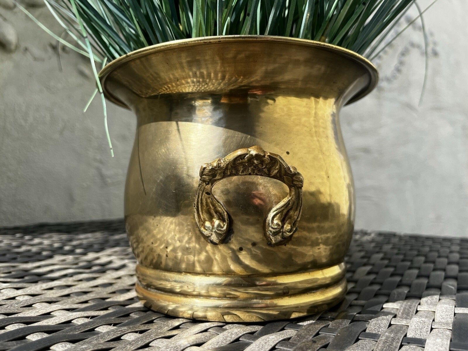 Vintage 50s Planished Brass Twin Handled Planter Plant Pot French Style Cachepot photo 65.0