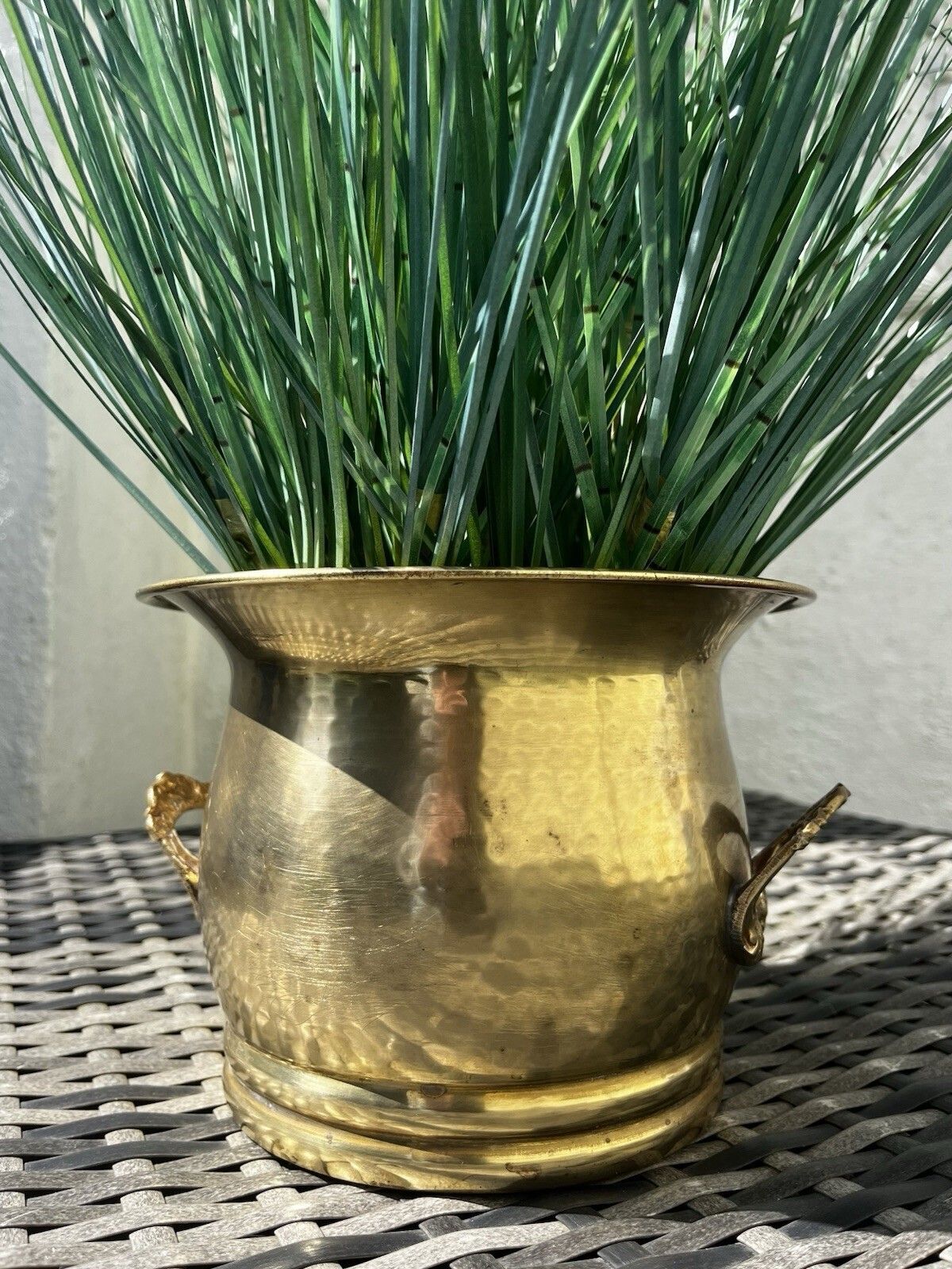 Vintage 50s Planished Brass Twin Handled Planter Plant Pot French Style Cachepot photo buy