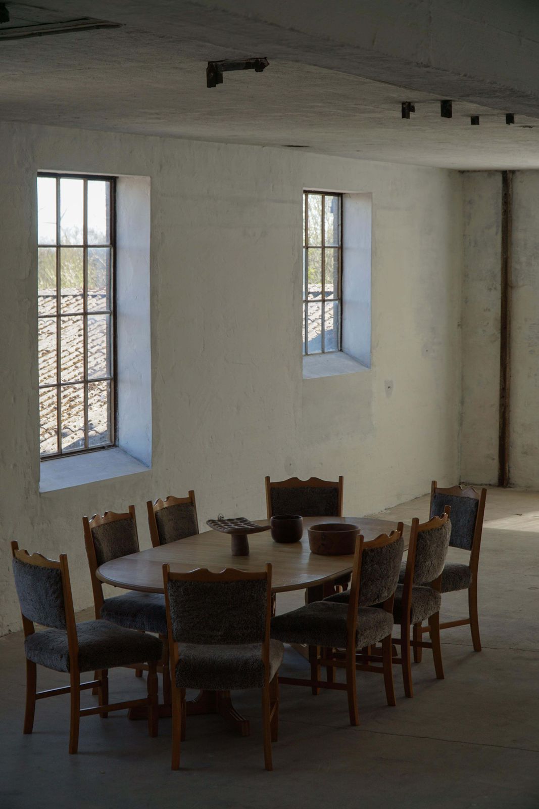 photo buy Set Of 8 Danish Modern Dining Chairs In Oak And Lambswool Henning Kjærnulf 1960s