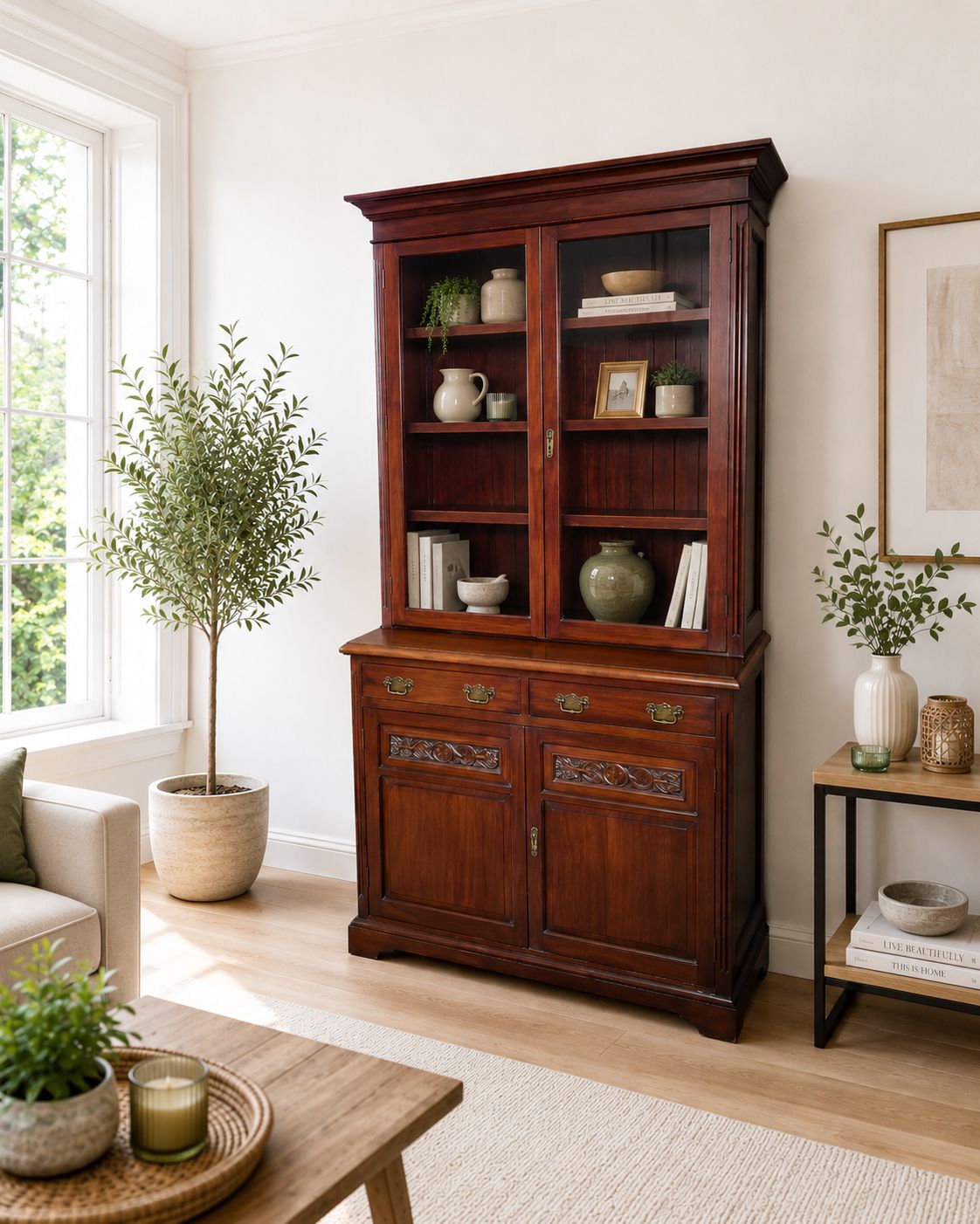 Antique Walnut Bookcase Display Cabinet Glazed Cupboard Carved Edwardian
