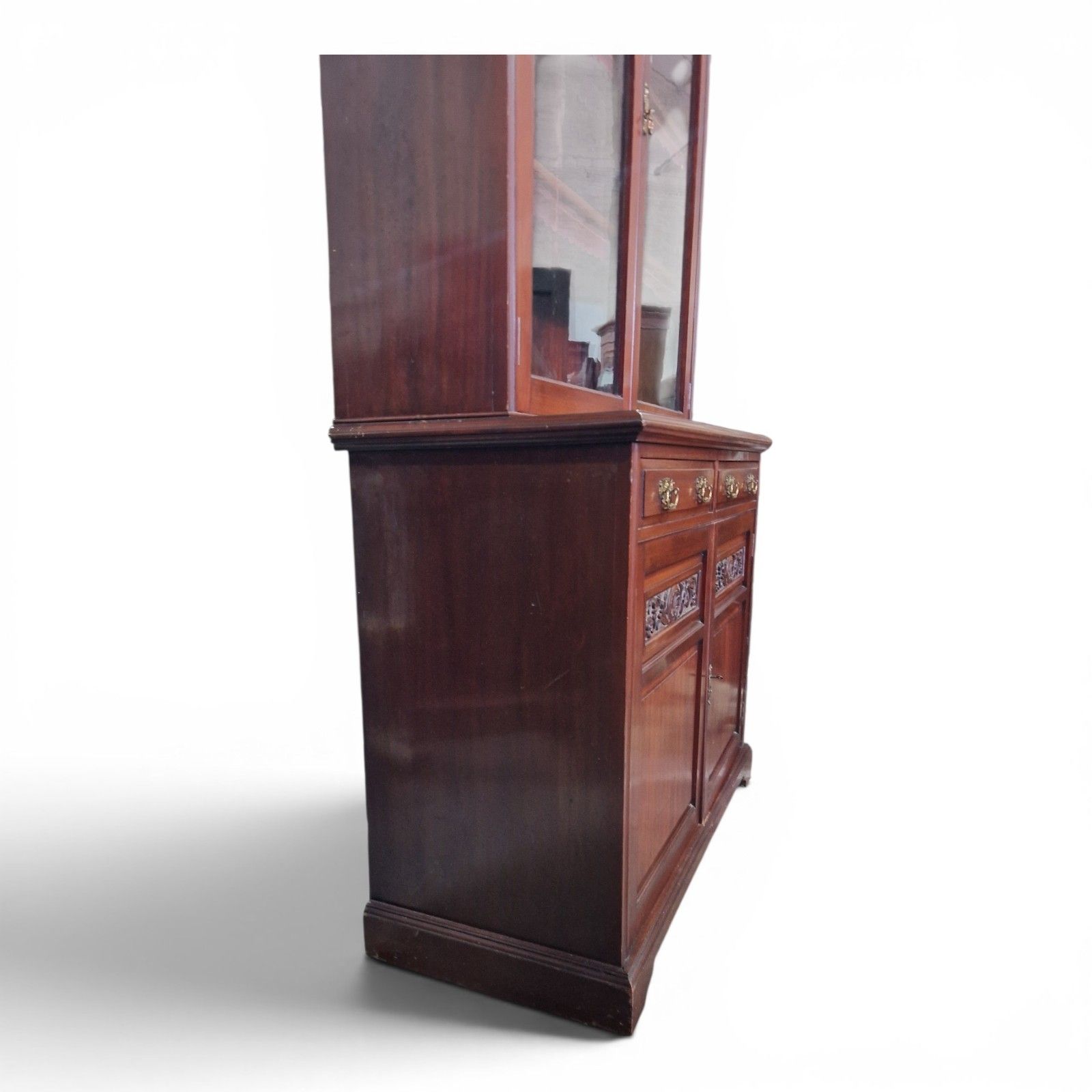 photo furniture Antique Walnut Bookcase Display Cabinet Glazed Cupboard Carved Edwardian