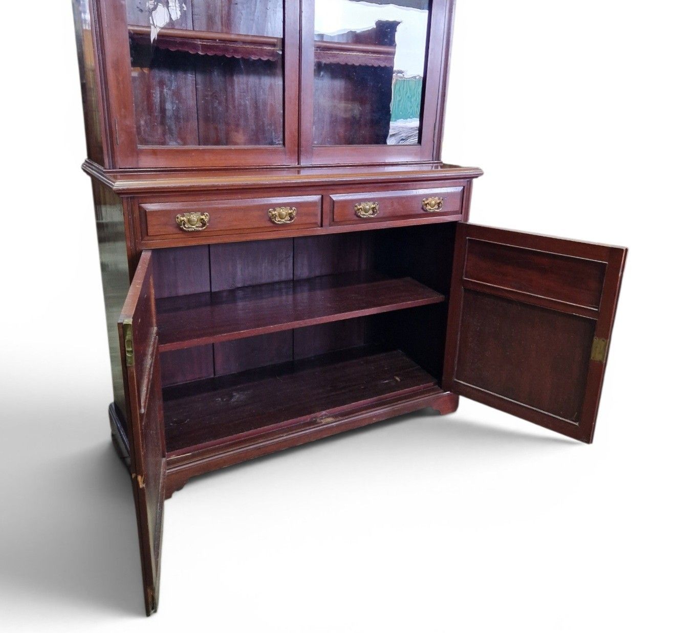 395.0 Antique Walnut Bookcase Display Cabinet Glazed Cupboard Carved Edwardian photo
