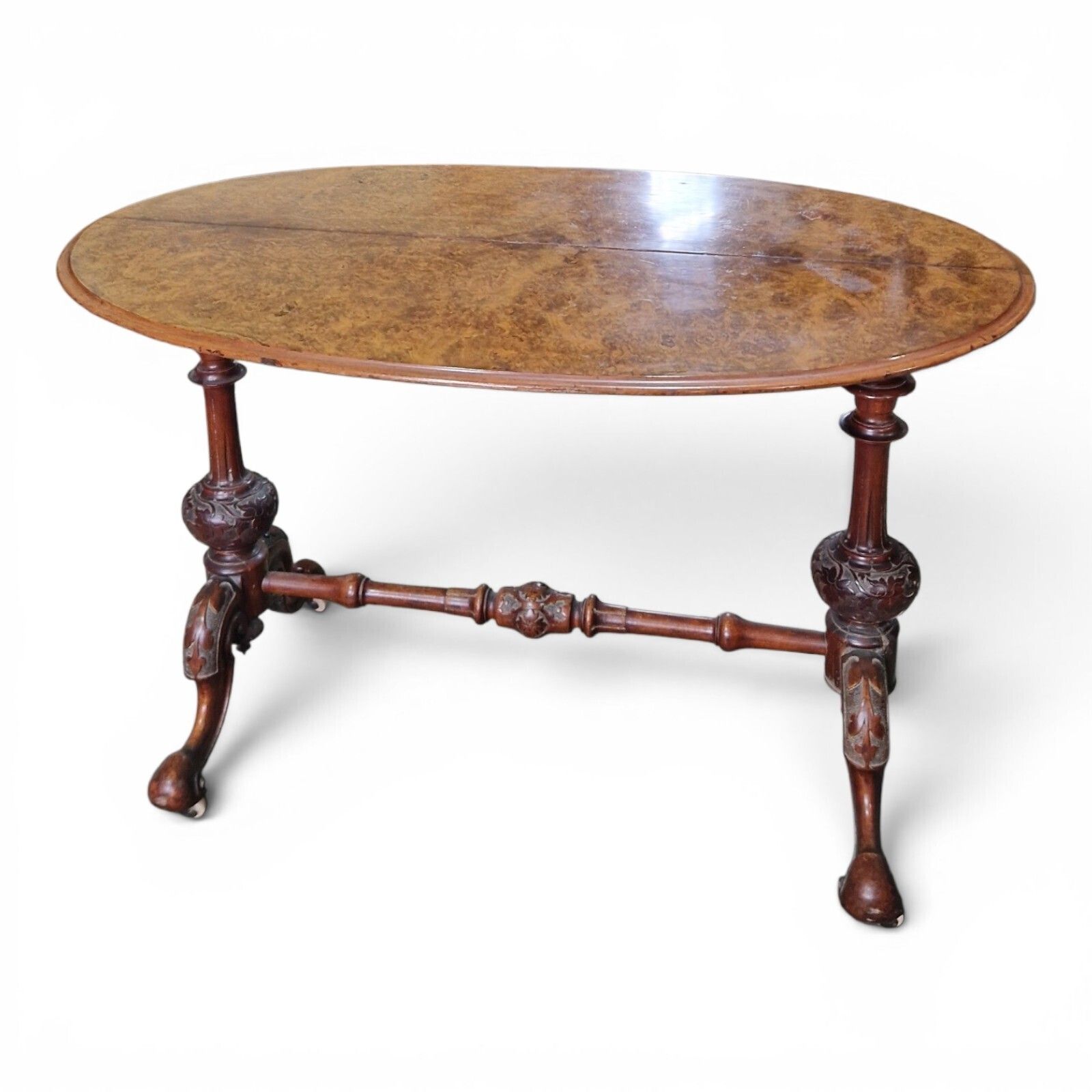 Antique Victorian Burr Walnut Oval Table Console Desk Centre Table Carved Base photo furniture