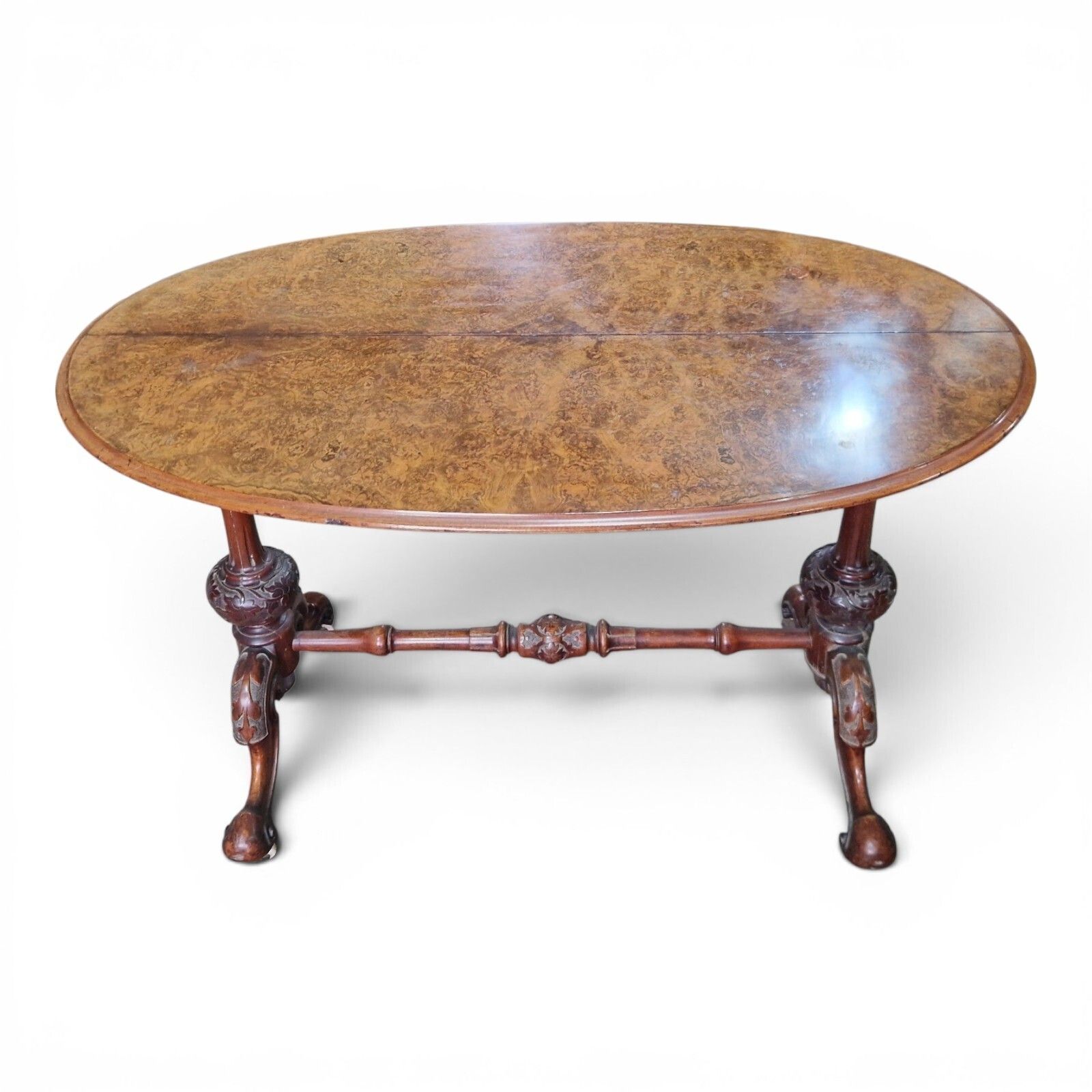 Antique Victorian Burr Walnut Oval Table Console Desk Centre Table Carved Base photo Furniture