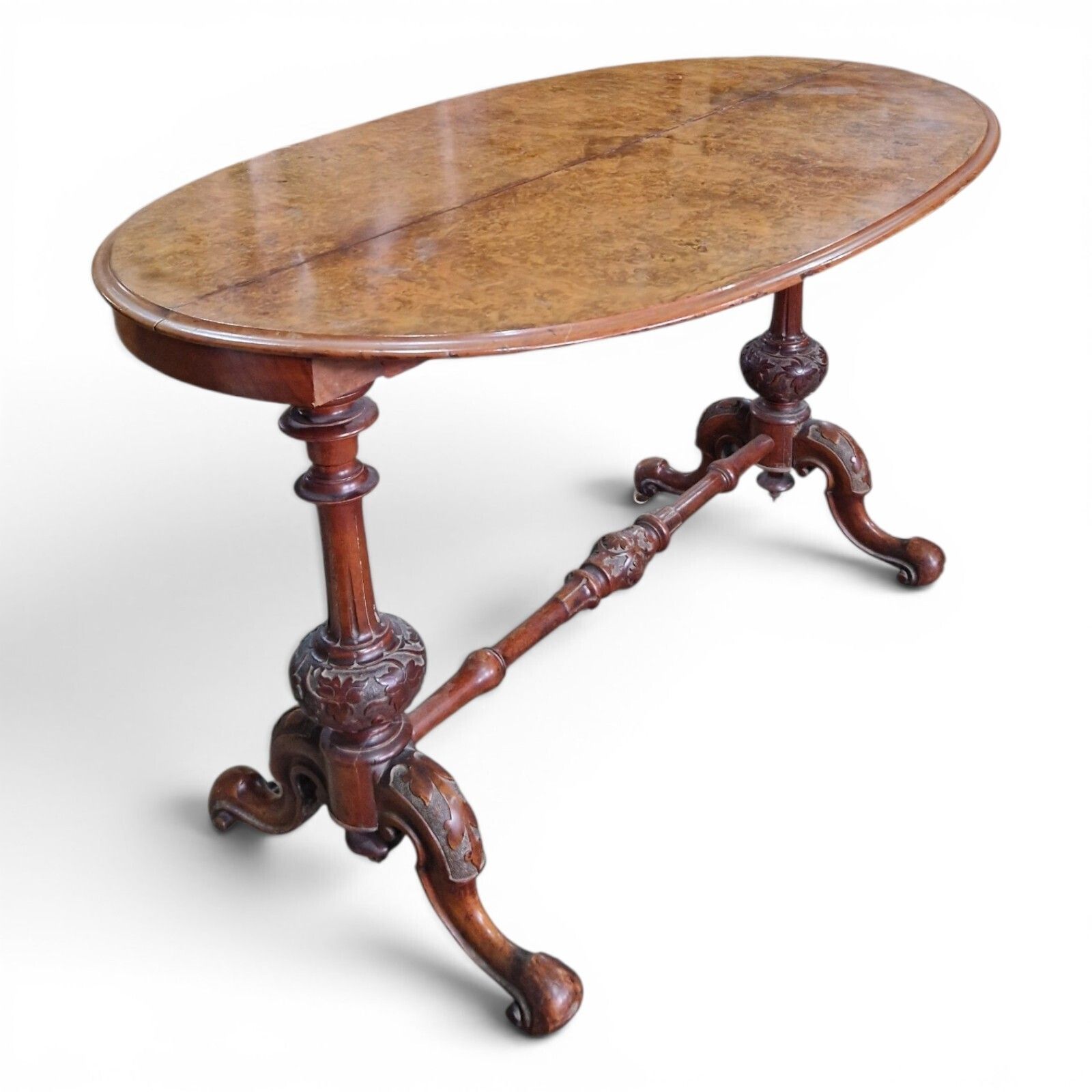 Antique Victorian Burr Walnut Oval Table Console Desk Centre Table Carved Base photo 165.0