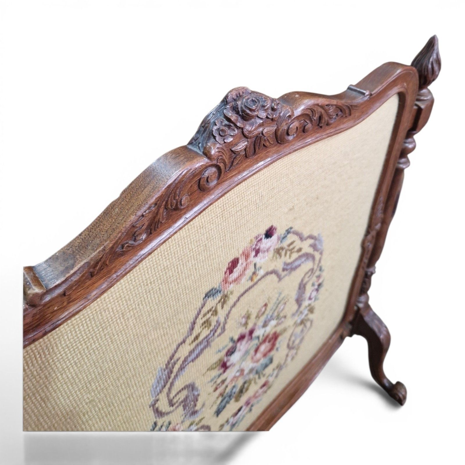 photo for sale Antique Carved Walnut Firescreen Draught Screen Needlepoint Panel Victorian