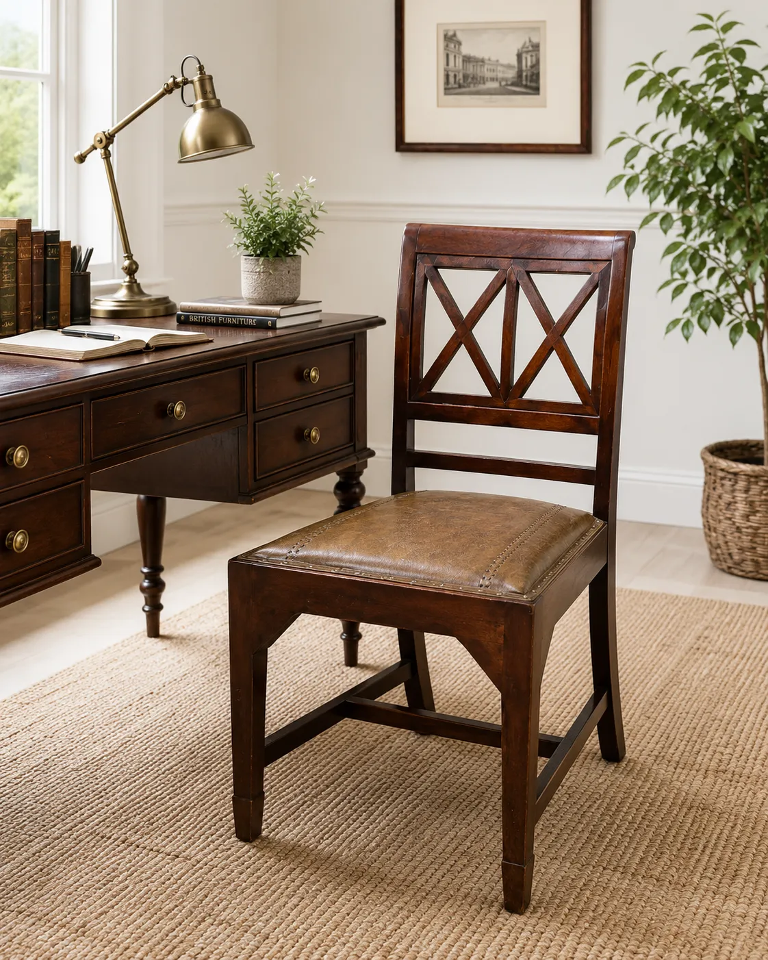 Antique Regency Mahogany Desk Chair Leather Seat Lattice Back Hall Chair