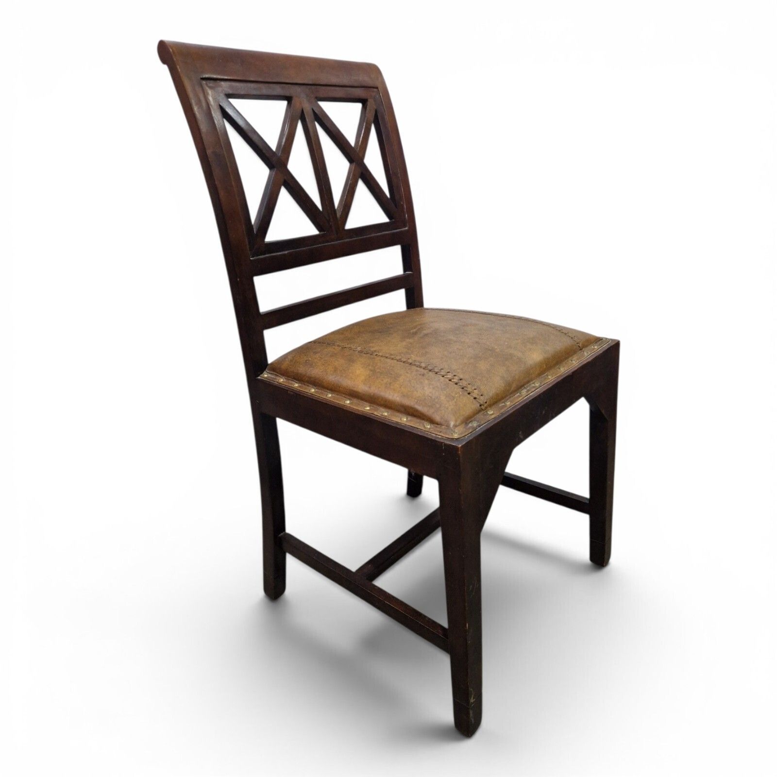 photo furniture Antique Regency Mahogany Desk Chair Leather Seat Lattice Back Hall Chair