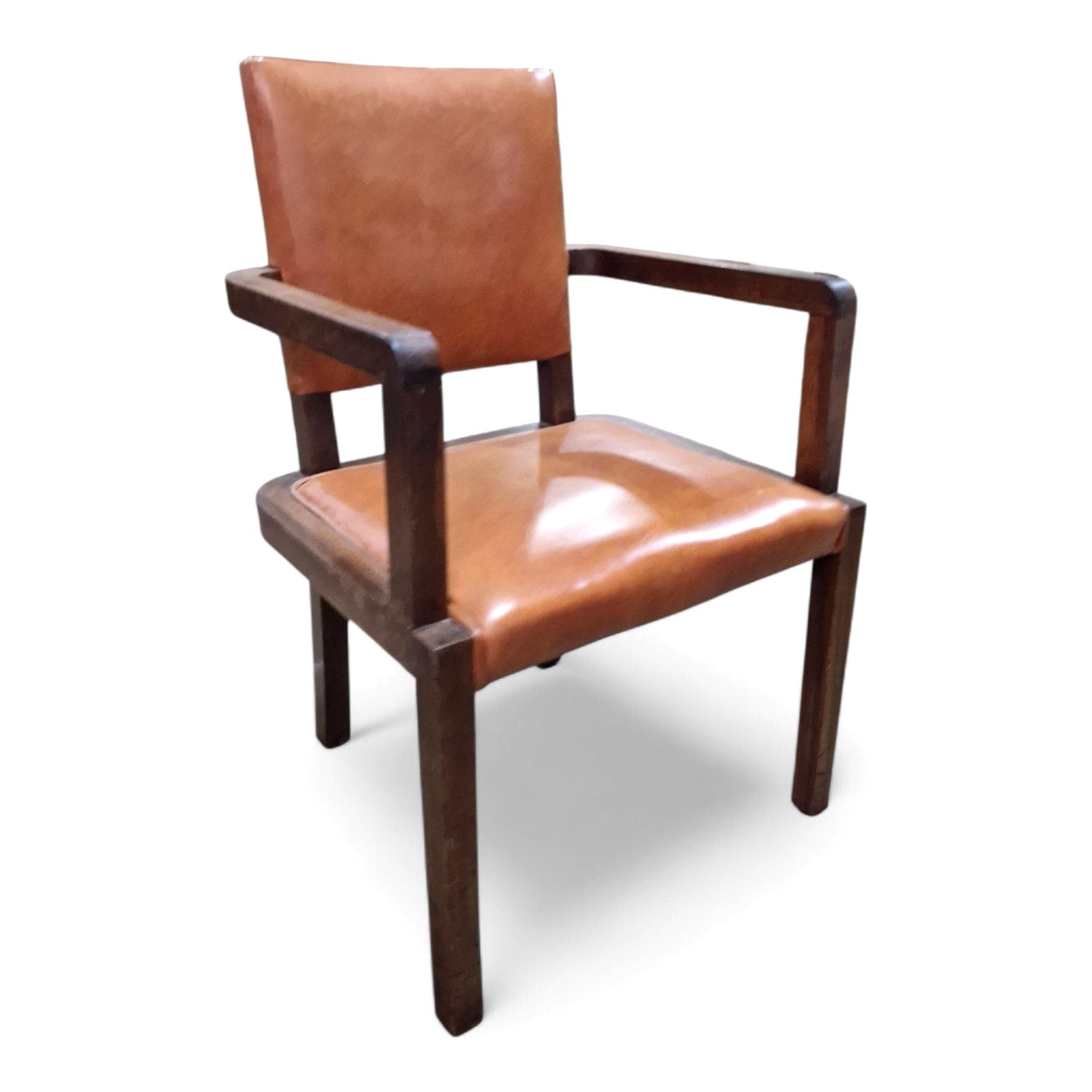 Art Deco Armchair Desk Chair Library Study Chair Tan Vinyl Wooden Arms photo furniture