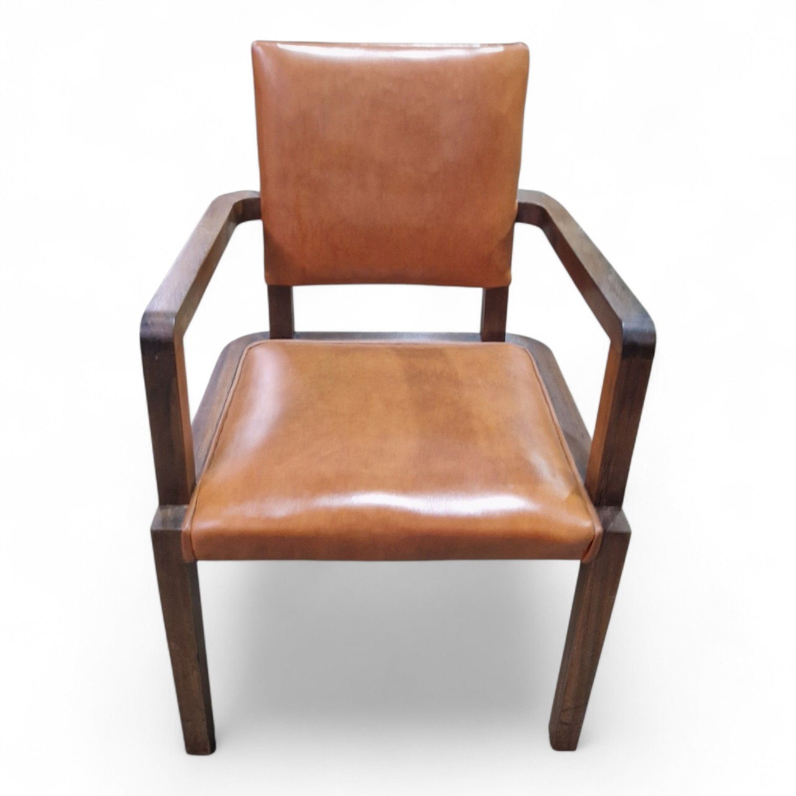 Art Deco Armchair Desk Chair Library Study Chair Tan Vinyl Wooden Arms photo for sale