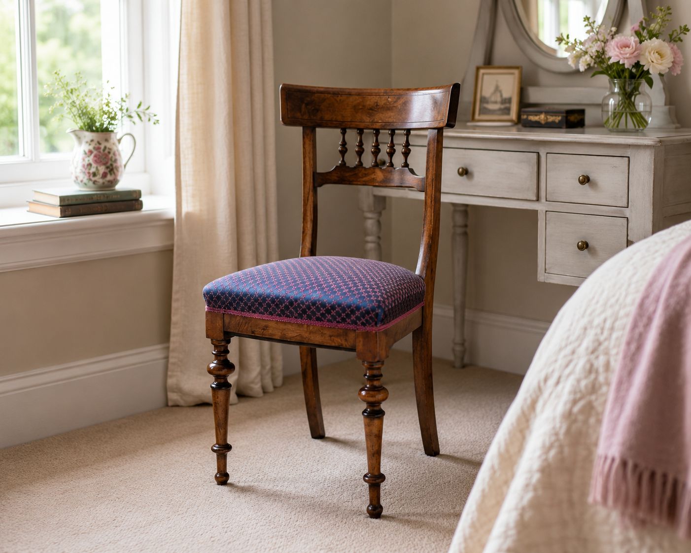 Antique Walnut Bedroom Chair Spindle Back Hall Chair Dressing Table Seat