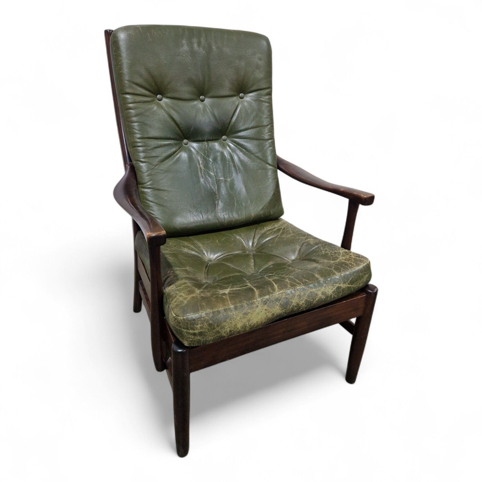 Mid Century Modern Leather Armchair Green Danish Style Retro Lounge Chair photo vinterior