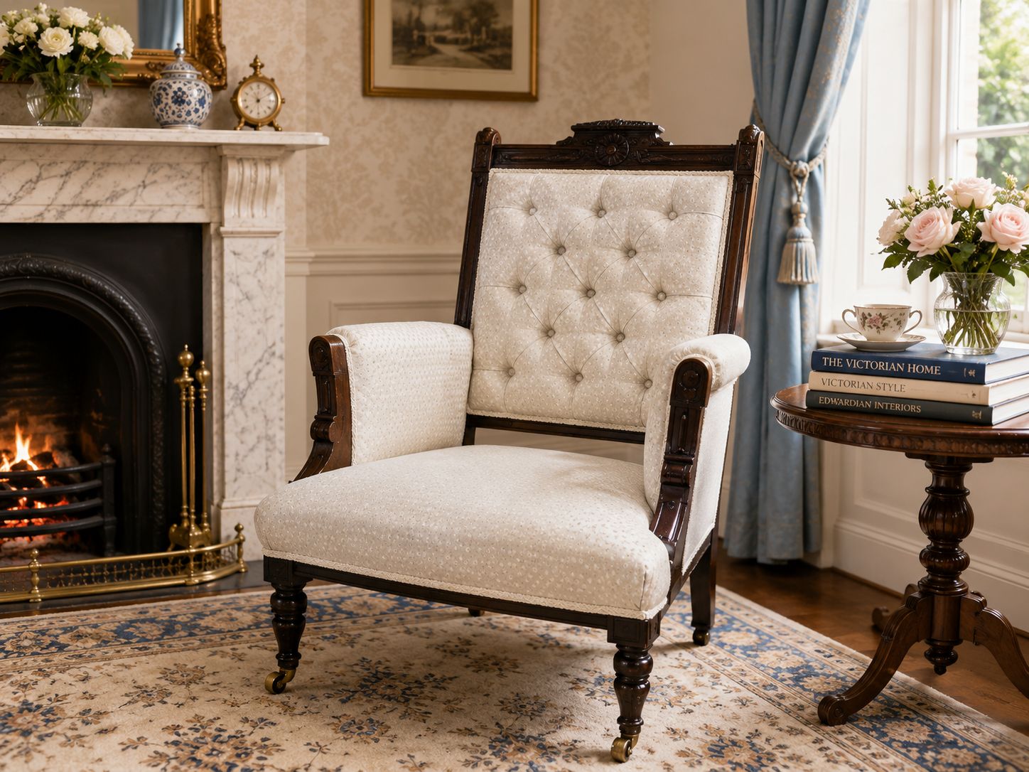 Antique Victorian Button Back Fireside Chair Upholstered Reading Armchair Carved