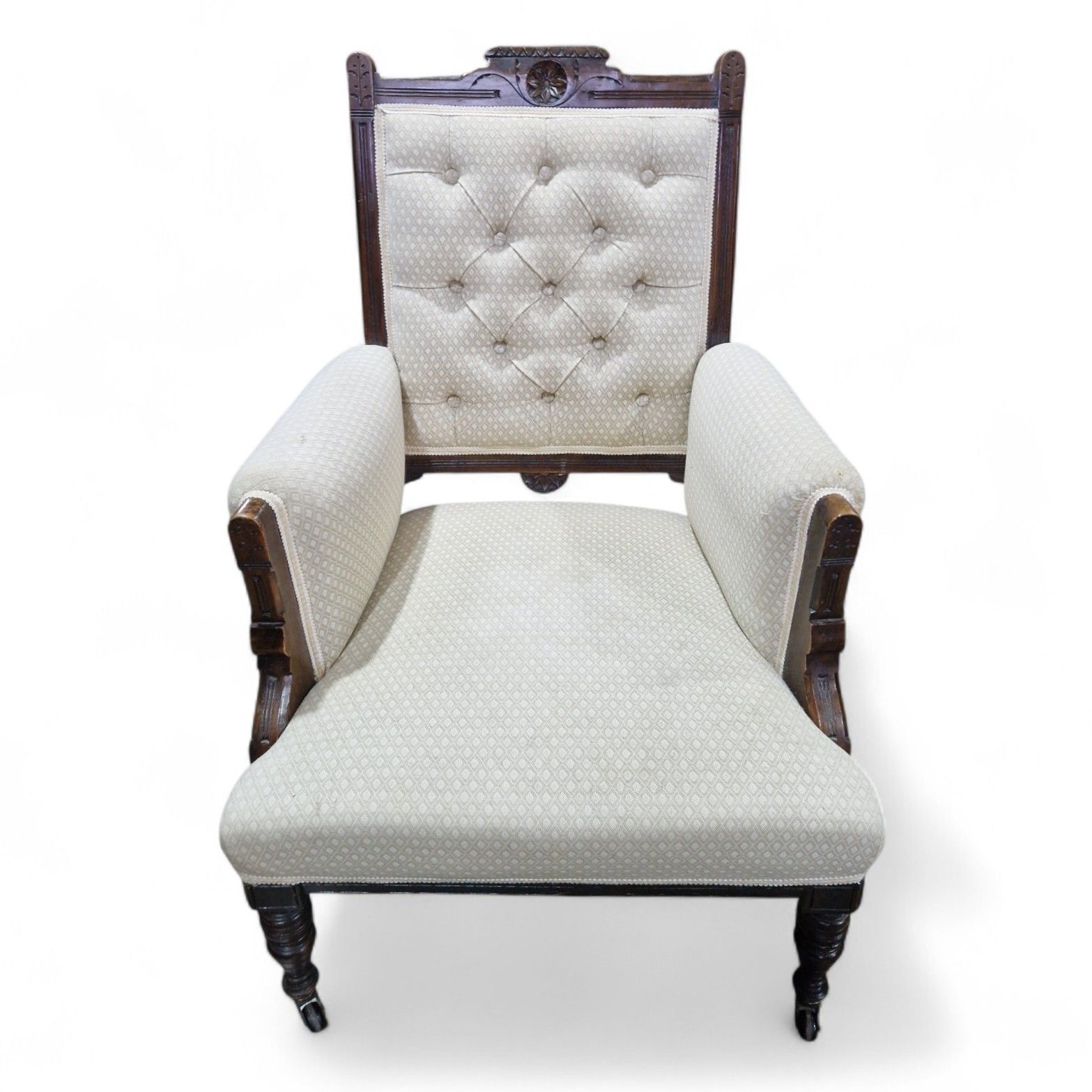 Antique Victorian Button Back Fireside Chair Upholstered Reading Armchair Carved photo 160.0
